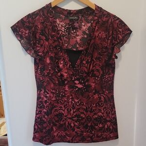 Vintage Y2K V-Neck Floral Blouse - Burgundy and Black Whimsy Goth